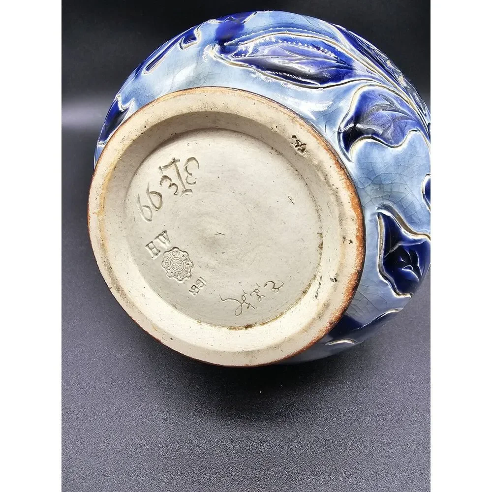 Antique‎ Doulton Lambeth Vase 1881 Signed By Louise E Edwards Cobalt Floral